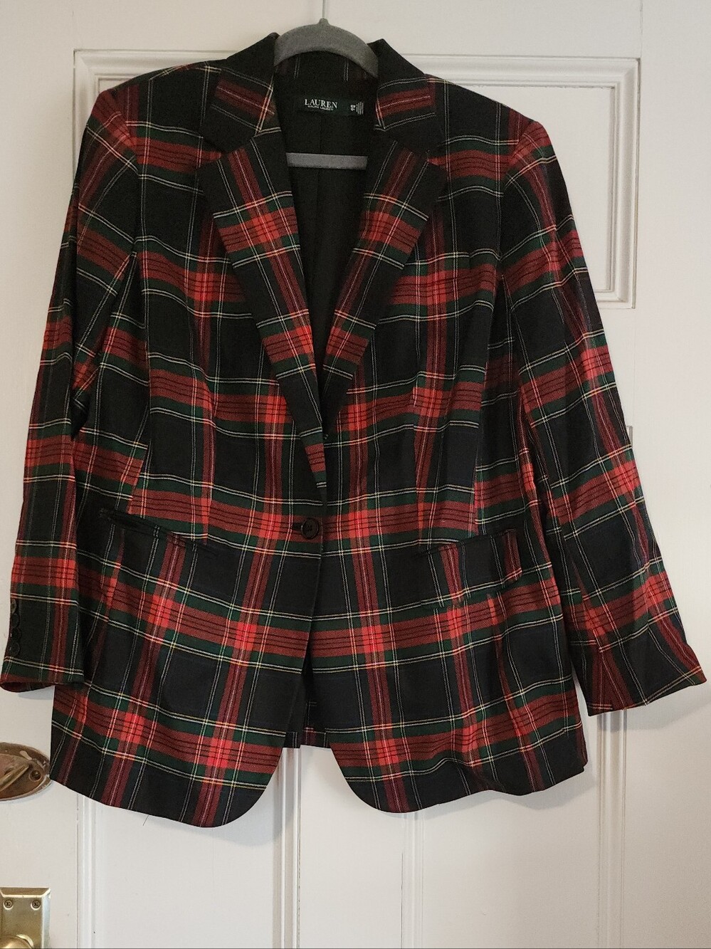 Lauren Ralph Lauren Tartan Plaid One-Button Blazer Black & Red 16W